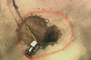 Aerial provided by Fox 2 News taken on March 12 after the sinkhole had been dug out. (SkyFox photo)