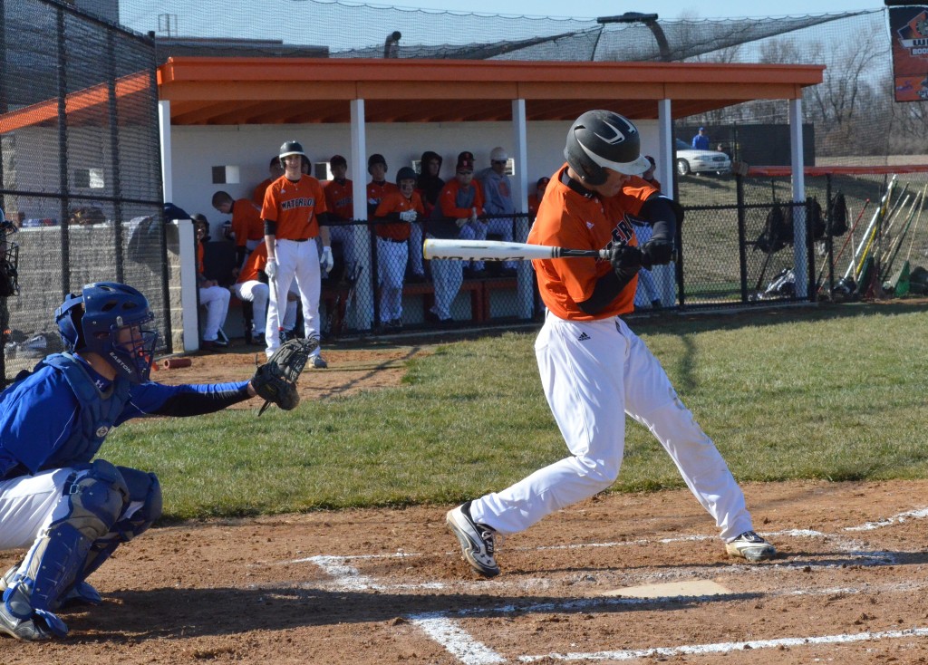 Senior Alex Wittenauer at bat in the Bulldog's last home game against Freeburg Monday night. Wittenauer had one RBI and junior Jonny Albers charted two RBIs against Alton. (Teryn Schaefer photo)