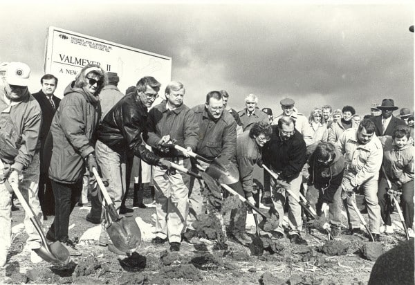 New Valmeyer’s groundbreaking ceremony on Dec. 18, 1993, included local politicians, civic leaders, Illinois Governor Jim Edgar, Congressman Jerry Costello and Senator Paul Simon. (Marvin Cortner photo)