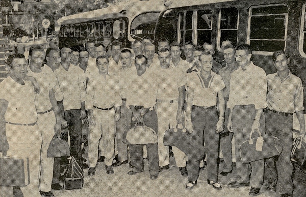 Pictured is the group of young Monroe County men preparing to depart from what was then the bus depot at 108 N. Market Street in Waterloo to the induction station in St. Louis for military service in Aug. 24, 1954. This photo ran in the Waterloo Times and the newspaper clipping was brought into the office by Mary Crook, wife of the late Harold Crook (pictured in front row, third from right).