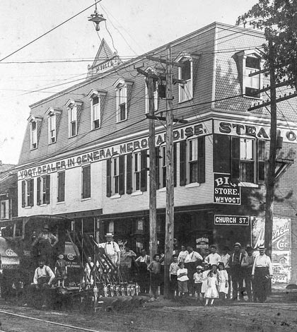 The Vogt Store opened in 1893 on Main Street in Columbia, offering virtually everything from farm machinery to groceries. It was also home to the community’s first elevator -- a freight lifter that moved merchandise to and from the third floor store room. Electric street lights that came to Columbia in 1879 are seen at the top. (submitted photo)
