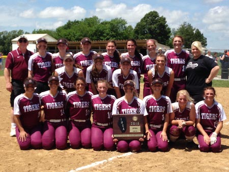 The Dupo softball team poses with its sectional championship plaque following a 2-1 win at Gillespie on Saturday.