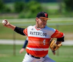 Waterloo's Noah Thaggard delivers a pitch Saturday against Gibault in the Monroe County Tournament. For more photos from the Monroe County Tournament, click here. (Alan Dooley photo)