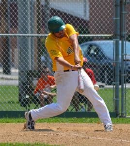 Millstadt's Rob Beatty smacks a hit on Sunday against Waterloo. (Corey Saathoff photos)