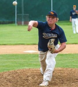 Waterloo's Jeremy Rettig delivers a pitch last summer at Valmeyer. (Alan Dooley photo)