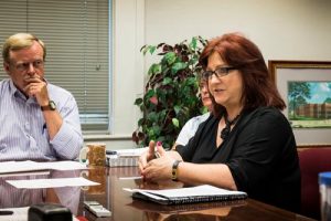 Pictured, Violence Prevention Center Executive Director Darlene Jones explains to the county board the details of cuts to the center’s funding while county clerk Dennis Knobloch looks on. (Alan Dooley photo)