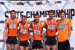 Pictured are Waterloo High School state track medalists from over the weekend, from left, the 4x400 team of Noah Hays, Dawson Holden, Jon Kreher and Blake Rusteberg, and hurdler Greysan Moehrs.