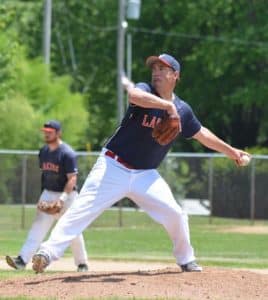 Valmeyer pitcher Andrew Skaer throws during a game earlier this summer. (Corey Saathoff photo)