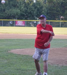 Valmeyer Lakers manager Boog Pieper and Lucille Moehrs, wife of Waterloo Millers manager Vern Moehrs, threw out ceremonial first pitches at the start of last week's Mon-Clair League All-Star Game.