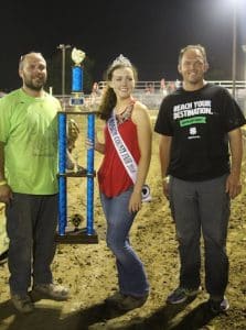 Pictured are Full-Size Class winners Ryan Gummersheimer and passenger Randy Gummersheimer of Columbia with Monroe County Fair Queen Jessica Neary. (Judy Brinkmann photo)