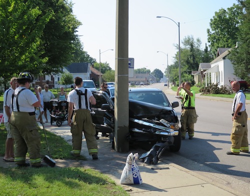 Pictured is the scene of Thursday's truck crash on Main Street in Columbia. (Andrea Saathoff photo)