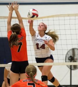 Gibault's Kelly Dooley spikes the ball against Wesclin on Thursday. For more photos, visit www.republictimes.net/photo-store. (Alan Dooley photo)