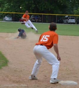 The St. Louis Printers turn a double play against Waterloo in the opening game of this year's Valmeyer Midsummer Classic at Borsch Park, which was ultimately rained out.