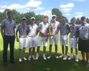 Pictured is the Columbia High School boys golf team with its first place trophy at Saturday's Okawville Invitational. (submitted photo)