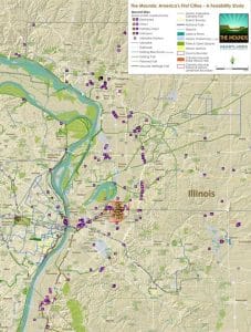 Pictured is a partial map showing mound sites throughout the region as part of a feasibility study on Cahokia Mounds. The map also shows the current trail route and planned additions.(submitted photo)