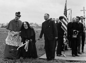 The Gibault Catholic High School groundbreaking took place in April 1966 at the current school grounds. Pictured, from left, after Most Rev. Albert R. Zuroweste, bishop of the Belleville Diocese, blessed the ground, he and Sister Angelita Myerscough break ground while Monsignor Elmer Holtgrave watches and Father Ed Hustedde looks on. (Republican archive photo)