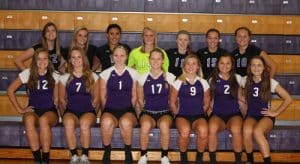 Members of the 2016 Valmeyer High School volleyball team are, from left, front row, Gwen Panzau, Kendra Goldschmidt, Sara Andres, Jordyn Killy, Jessie Seidel and Jacey Megan; and back row: Caitlin Crossin, Sam Seidel, Kenzi Rowe-Brown, Cierra Goldschmidt, Savannah Williams, Blair Brady and Guin Kohnz. (Sean McGowan photo)