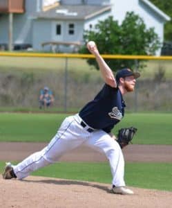 Nick Hummel pitches for the Waterloo Millers on Sunday in Belleville. (Corey Saathoff photo)