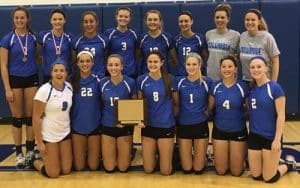 Pictured is the Columbia High School volleyball team with its first place trophy after winning the Marissa-New Athens Invitational Tournament on Thursday. (submitted photo) 