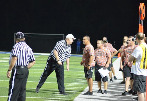 Waterloo head football coach Dan Rose is ejected after two personal foul penalties were assessed to the sideline for arguing with officiating during Friday's contest at Columbia. (Corey Saathoff photo)