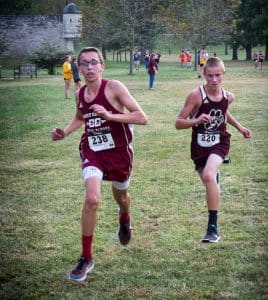 Gibault's Jacob Muehlher and Dupo's Nathan Taylor run in the Les Coureurs des Bois race at Fort de Chartres last Tuesday. 