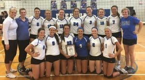 Pictured is the Columbia volleyball team with its first place award following Saturday's Monster Mash tournament in Freeburg. (submitted photo)