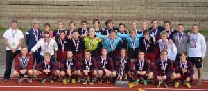 The Gibault soccer team poses with its third place trophy at the Class 1A state tournament in East Peoria on Saturday. (Corey Saathoff photo)