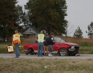 Pictured is the red Ford F150 involved in the accident at Route 156 and Fountain Creek Ridge Lane. (Sean McGowan photo)