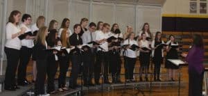 A concert held Sunday at Valmeyer High School served as an unofficial opening to the six-week “Water/Ways” exhibit presentation. Pictured, the Valmeyer High School Chorus sang “Music in the Water,” “Where Go the Boats” and “Bring Me Little Water, Silvy.” (Sean McGowan photo)