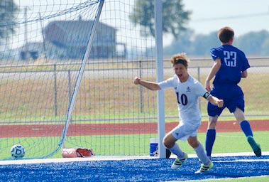 Gibault's Dalton Scace celebrates after scoring a goal Saturday in the regional final at Freeburg. (John Hooser photo)