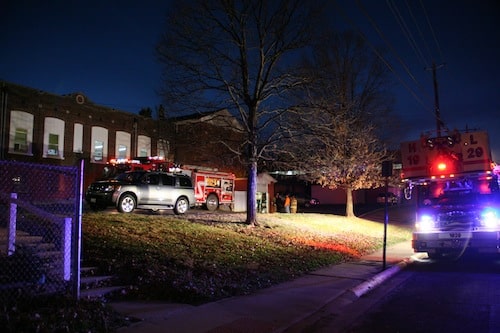 Pictured is the scene Monday evening outside Immaculate Conception School in Columbia. (Kermit Constantine photo)