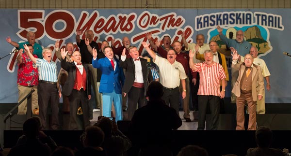 Pictured, the Kaskaskia Trail Chorus performs during its 50th annual show Saturday at Turner Hall in Columbia. At right, Barbershopper Mark Juelfs dresses in his patriotic best during one of the songs performed Saturday night. (Alan Dooley photos)