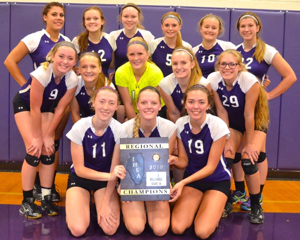 The 2016 Valmeyer High School volleyball team celebrates their regional title.