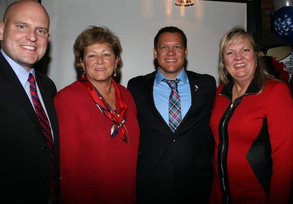 Pictured, from left, Republican candidates Chris Hitzemann (state's attorney), Vicki Koerber (county commissioner), Bob Hill (coroner) and Lisa Fallon (circuit clerk) celebrate their victories at Gallagher's in Waterloo on election night. (Kermit Constantine photo)