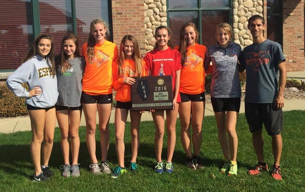 Pictured is the Waterloo High School cross country team with its sectional championship plaque, from left, Ella King, Colleen Sliment, Heather Elliott, Sydney Haddick, Jenna Schwartz, Libby Price, Mandy Kraus and head coach Larry Huffman. (submitted photo)