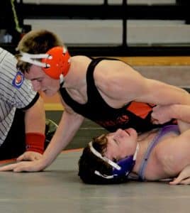 Pictured, Waterloo senior Dylan Siebenberger (top) wrestles Carlyle's Dylan Doerr earlier this season. Siebenberger won by pin and is 9-2 on the season. (submitted photo)