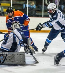 Jacob Pitt scores the go-ahead goal for the Raging Bulldogs on Monday night. (Greg Stanek photo)