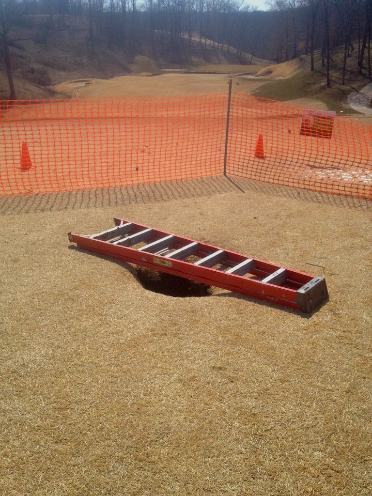 Pictured is the area on hole 14 at Annbriar Golf Course in Waterloo where a St. Louis man fell eight to 14 feet when a sinkhole collapsed under his feet on Friday.  (submitted photo)