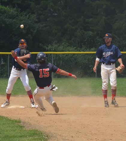 Valmeyer's Mitch Meyer connects with a pitch during Sunday's doubleheader at Waterloo. (Corey Saathoff photo)