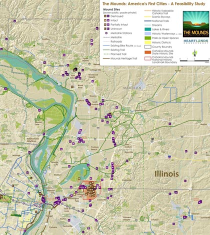 Pictured is a partial map showing mound sites throughout the region as part of a feasibility study on Cahokia Mounds. The map also shows the current trail route and planned additions.(submitted photo)