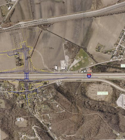 Pictured is an aerial photo with markings to show where a proposed new interchange will be constructed on I-255 near Dupo. (photo provided)