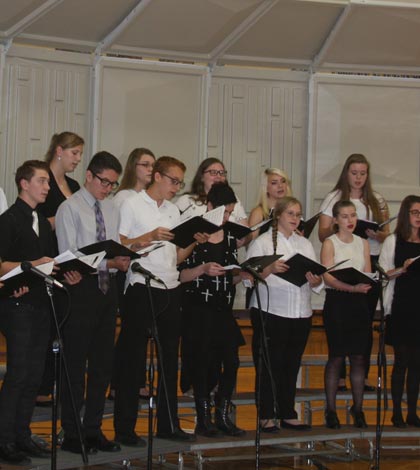 A concert held Sunday at Valmeyer High School served as an unofficial opening to the six-week “Water/Ways” exhibit presentation. Pictured, the Valmeyer High School Chorus sang “Music in the Water,” “Where Go the Boats” and “Bring Me Little Water, Silvy.” (Sean McGowan photo)