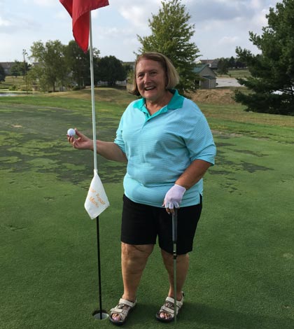 Pictured is Gloria Oggero of Waterloo immediately following her hole in one last Wednesday at Mystic Oak Golf Course in Waterloo. (submitted photo)