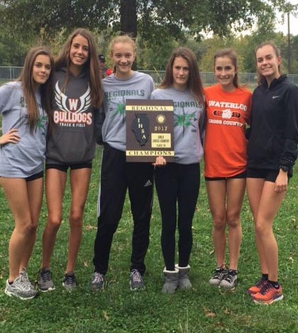 Pictured with the regional plaque Saturday in Alhambra, from left, are Waterloo High School cross country runners Ella King, Emma Rick, Laurin Lunk, Sydney Haddick, Colleen Sliment and Jenna Schwartz. (submitted photo)