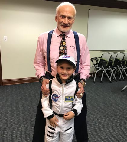 Pictured is young Lukas Pilkey with legendary former astronaut Buzz Aldrin following his speech at Saint Louis University last Wednesday.
(submitted photo)