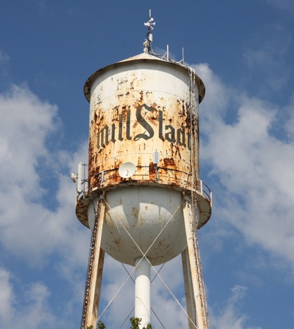 Pictured is the historic Millstadt water tower as it stands now. The tower is one of only seven in the “tin man” style remaining in the state. (James “Tal” Moss photo)