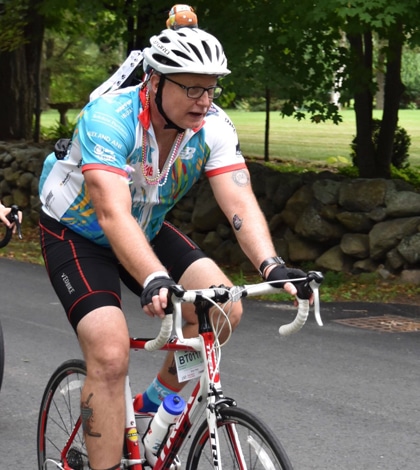 Pictured, Columbia native Brian Tharp rides during the recent Pan-Mass Challenge in Cape Cod, Mass.
(submitted photo)