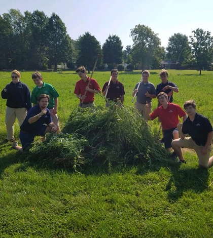 Gibault High School students removed two types of ragweed from their alfalfa field last week prior to harvesting its first crop. Pictured, front row, from left, are Ian Metcalf, Mark Branz and Seth Berenz; back row: Lace Brandenburg, Lucas Herrmann, Will Janson, Ryan Swindle, Ryan Kruse and Liam Brauer.  (submitted photo)