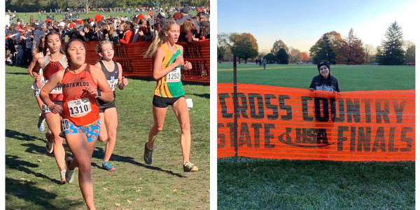 At left, Waterloo’s Angelynn Kanyuck runs in Saturday’s Class 2A state meet. At right is Columbia’s Madison Missey prior to running in the Class 1A state meet.