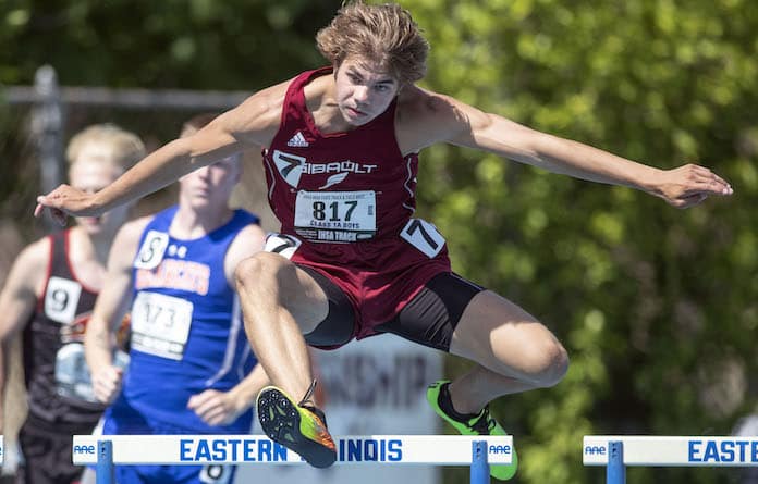 May 28, 2022 - Charleston, IL - Gibault Catholic's Owen Scherff competes in the Class 1A 300-Meter Int. Hurdles finals at the IHSA Track and Field State Finals on Saturday.  [Photo: Chris Johns/PhotoNews Media]